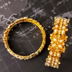 Gold Plated Pearl Rhinestone Kundan Bracelets Bangles Clover